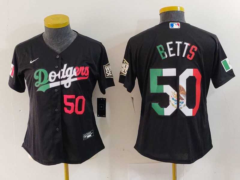 Women%27s Los Angeles Dodgers #50 Mookie Betts Number Mexico Black Cool Base Stitched Jersey